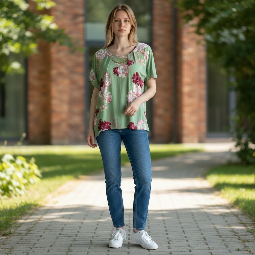 Jon & Anna Blouse 3X Green NEW Floral Chain Neck Short Sleeve Contemporary Top